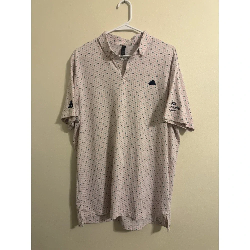 Adidas Golf Polo Shirt  Mens LARGE Pink‎ All Over Peach Performance Stretch